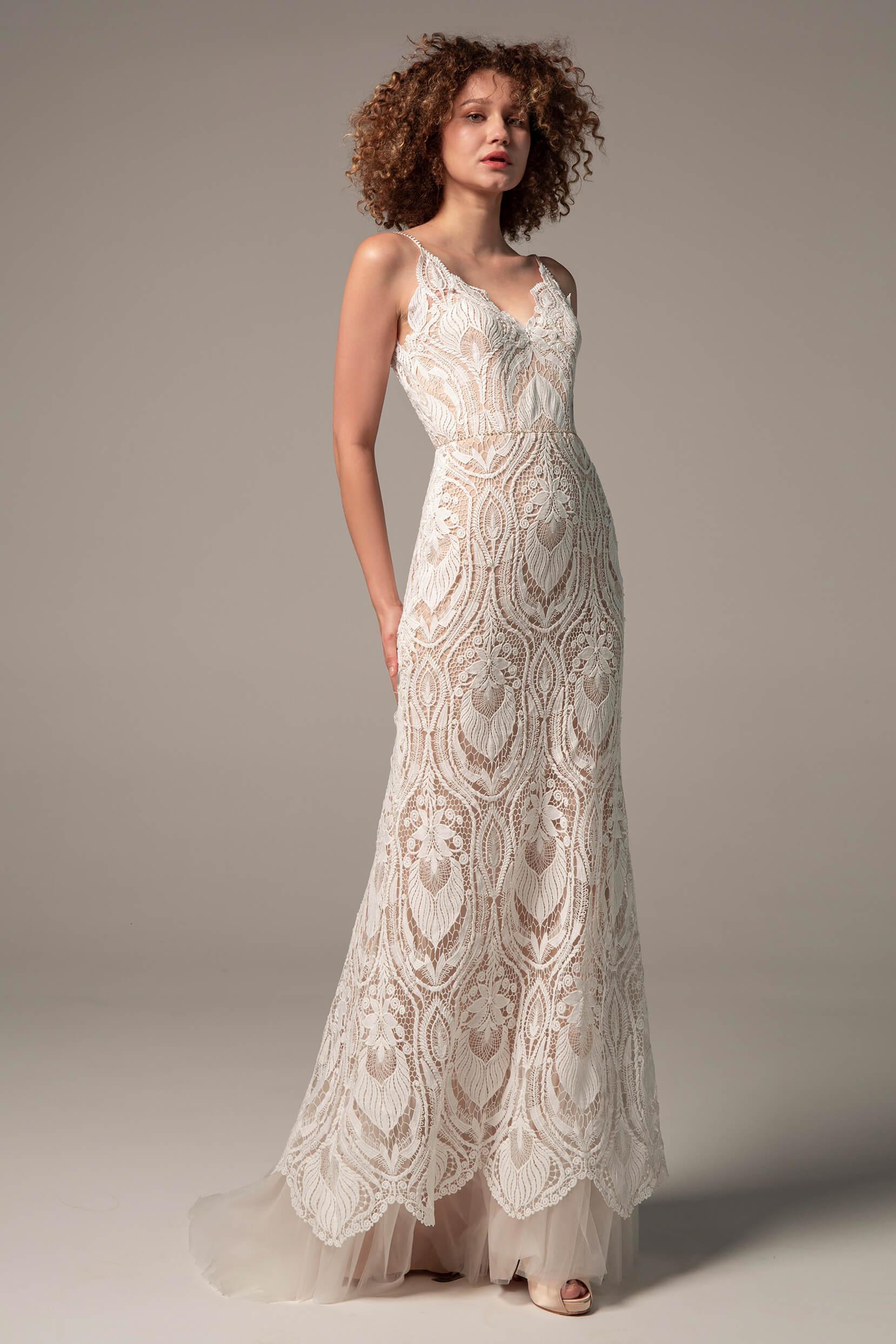 Trumpet Sweep-Brush Train Chiffon Lace Wedding Dress CW2221 - COCOMELODY