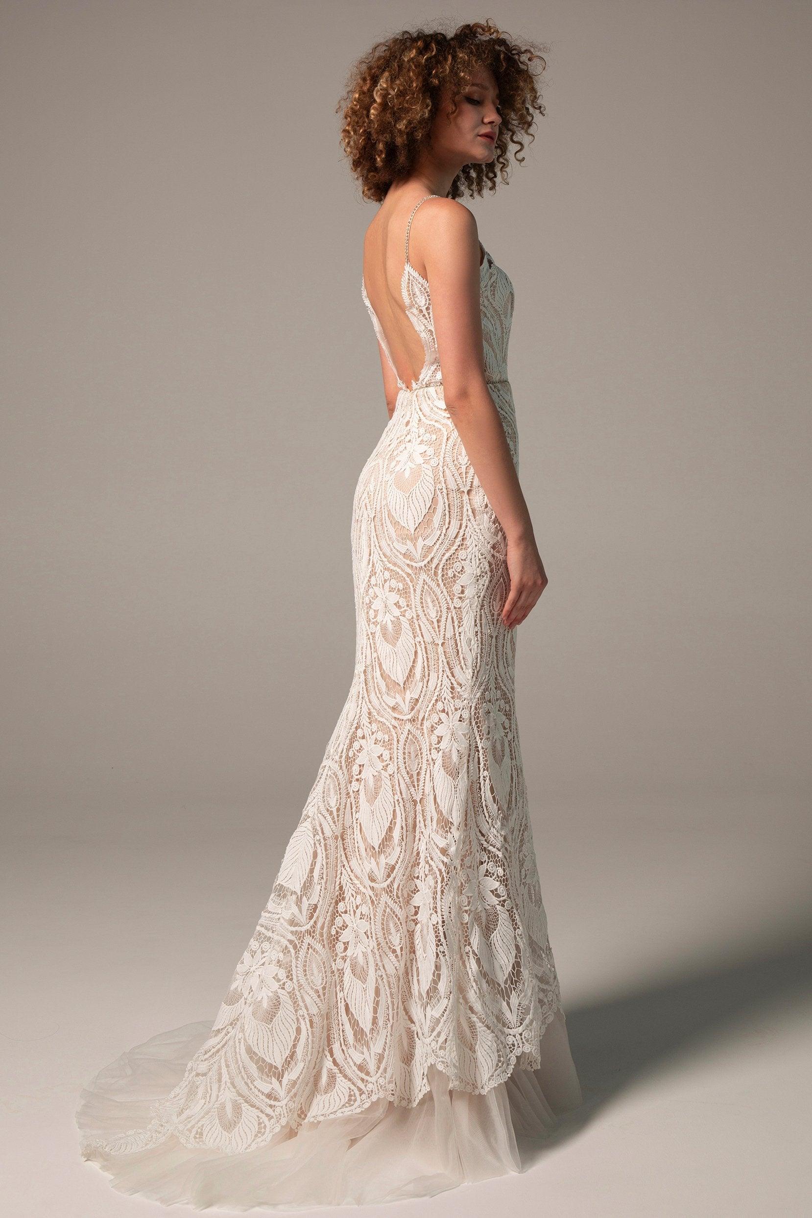 Trumpet Sweep-Brush Train Chiffon Lace Wedding Dress CW2221 - COCOMELODY