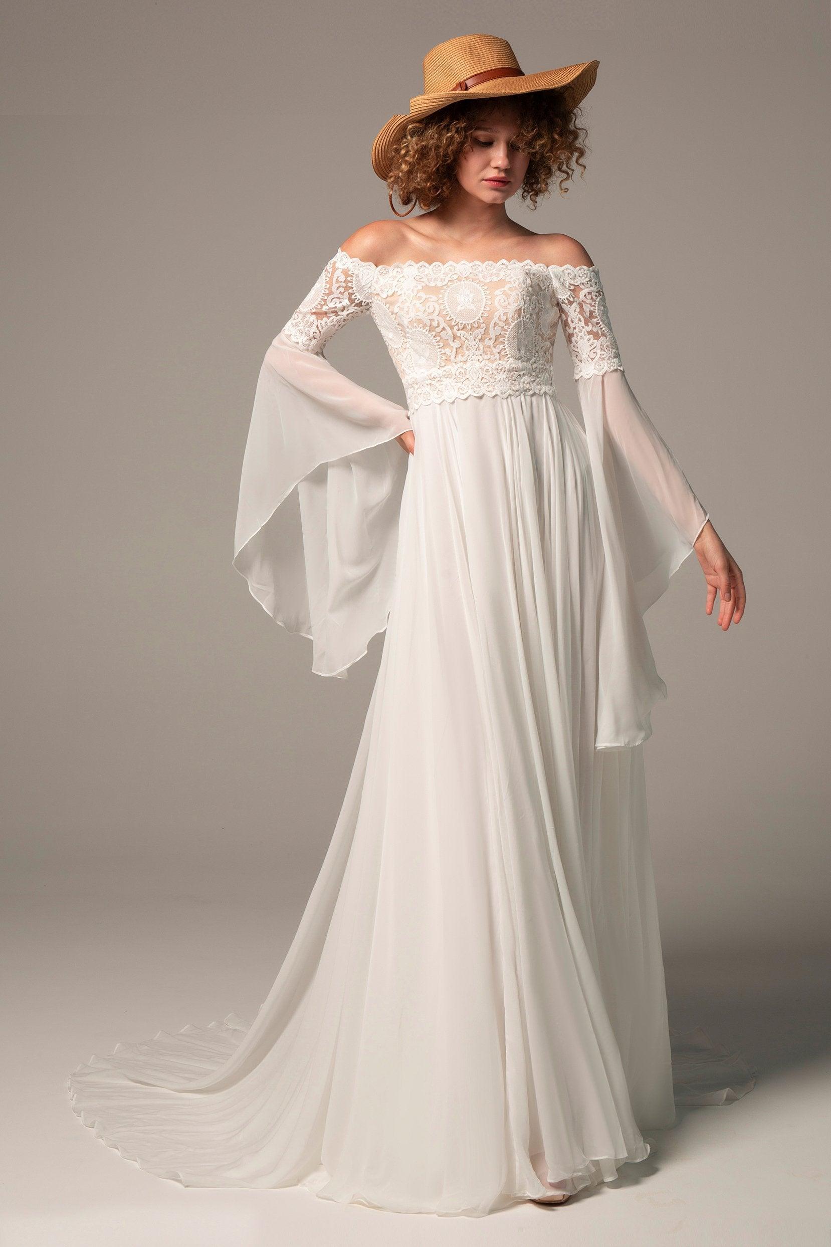 A-Line Court Train Chiffon Lace Wedding Dress CW2223CR - COCOMELODY