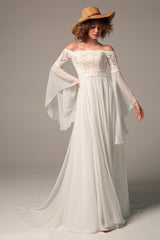 A-Line Court Train Chiffon Lace Wedding Dress CW2223CR - COCOMELODY