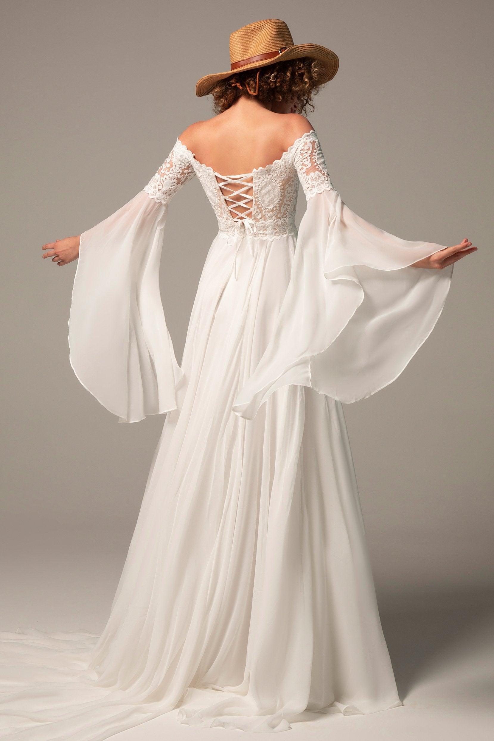 A-Line Court Train Chiffon Lace Wedding Dress CW2223CR - COCOMELODY