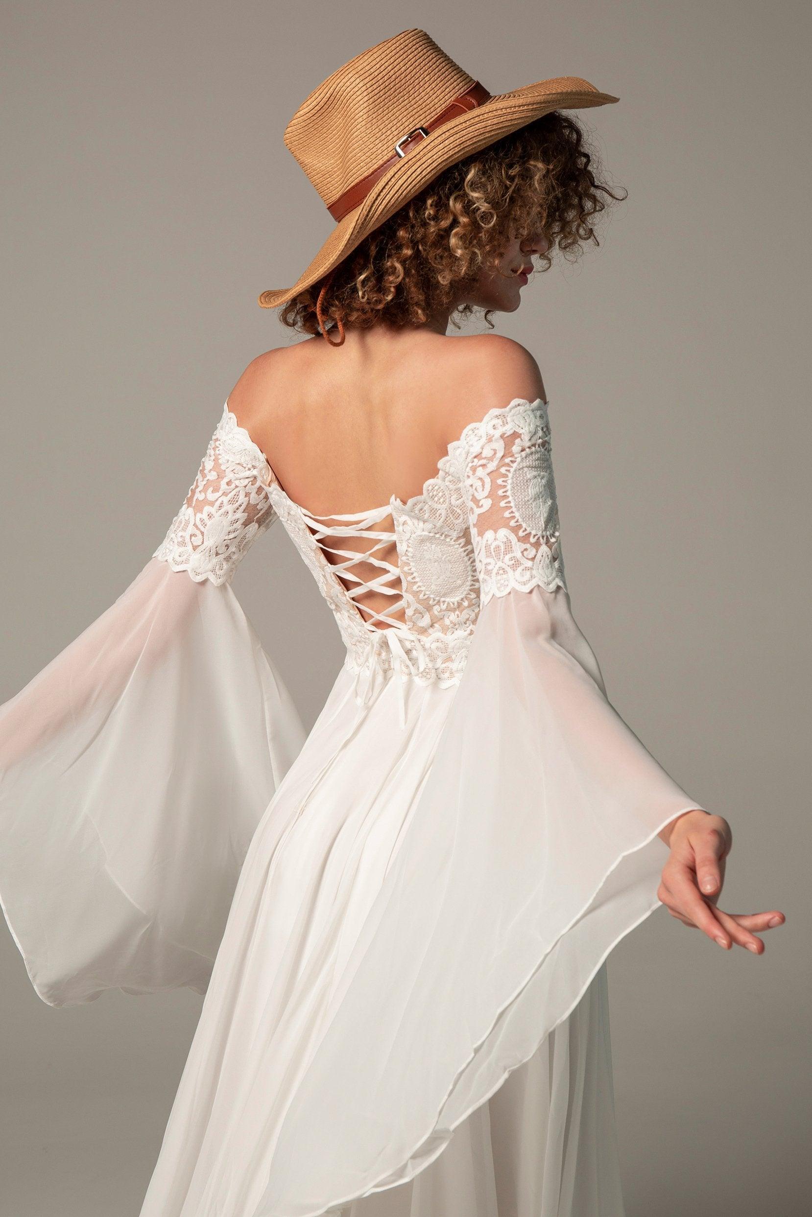 A-Line Court Train Chiffon Lace Wedding Dress CW2223CR - COCOMELODY