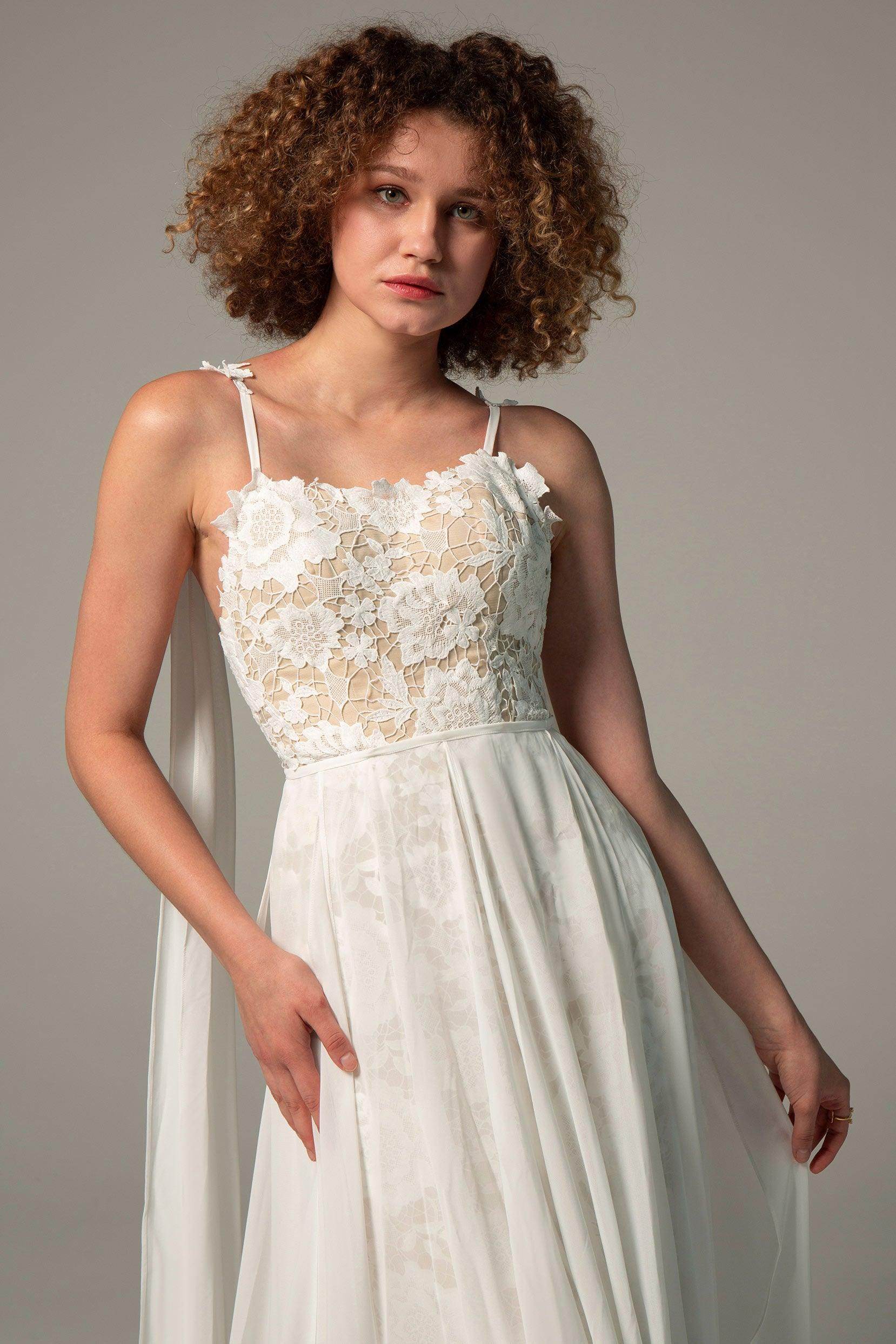 Sheath Sweep-Brush Train Chiffon Lace Wedding Dress CW2226 - COCOMELODY