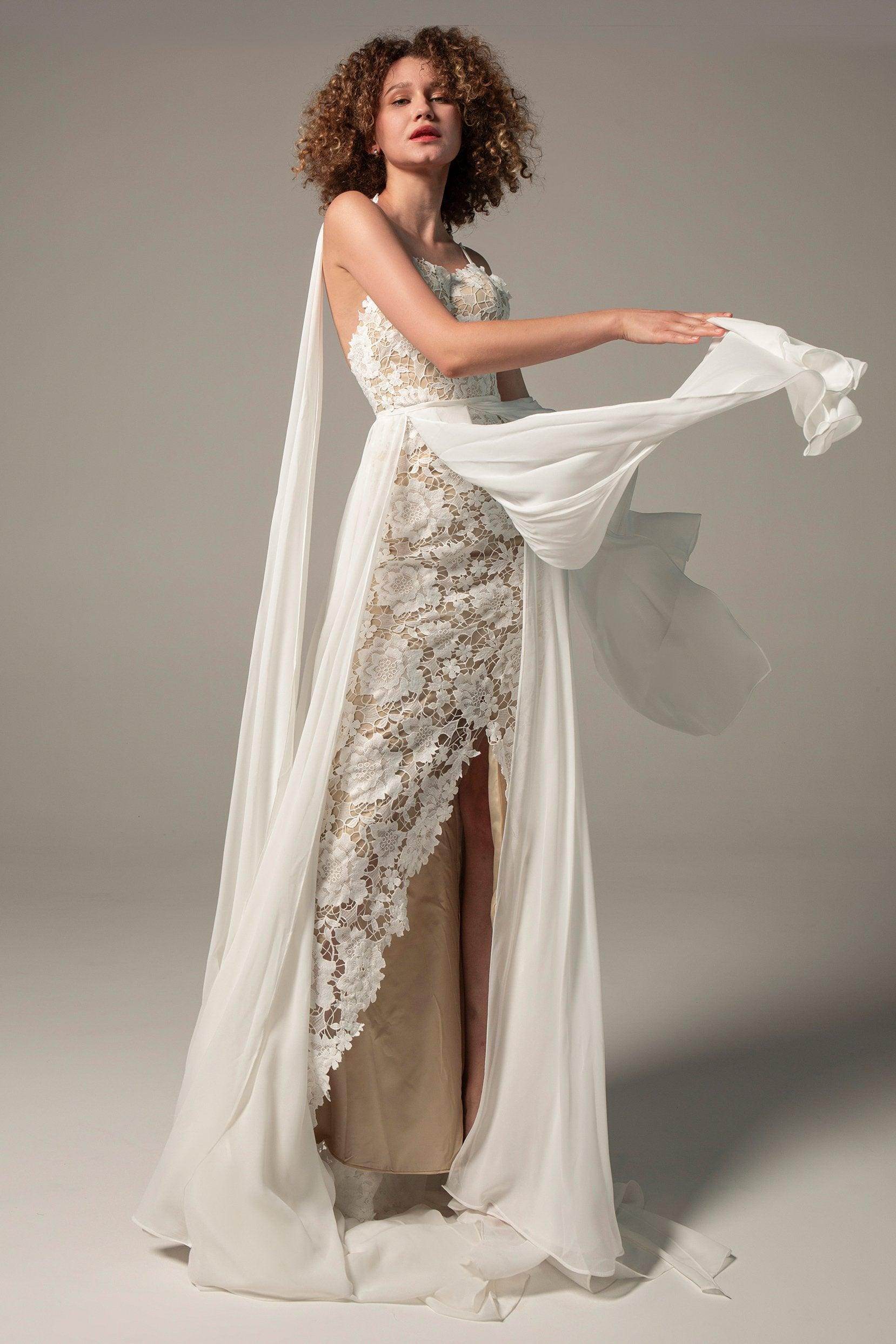 Sheath Sweep-Brush Train Chiffon Lace Wedding Dress CW2226 - COCOMELODY