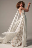 Sheath Sweep-Brush Train Chiffon Lace Wedding Dress CW2226 - COCOMELODY