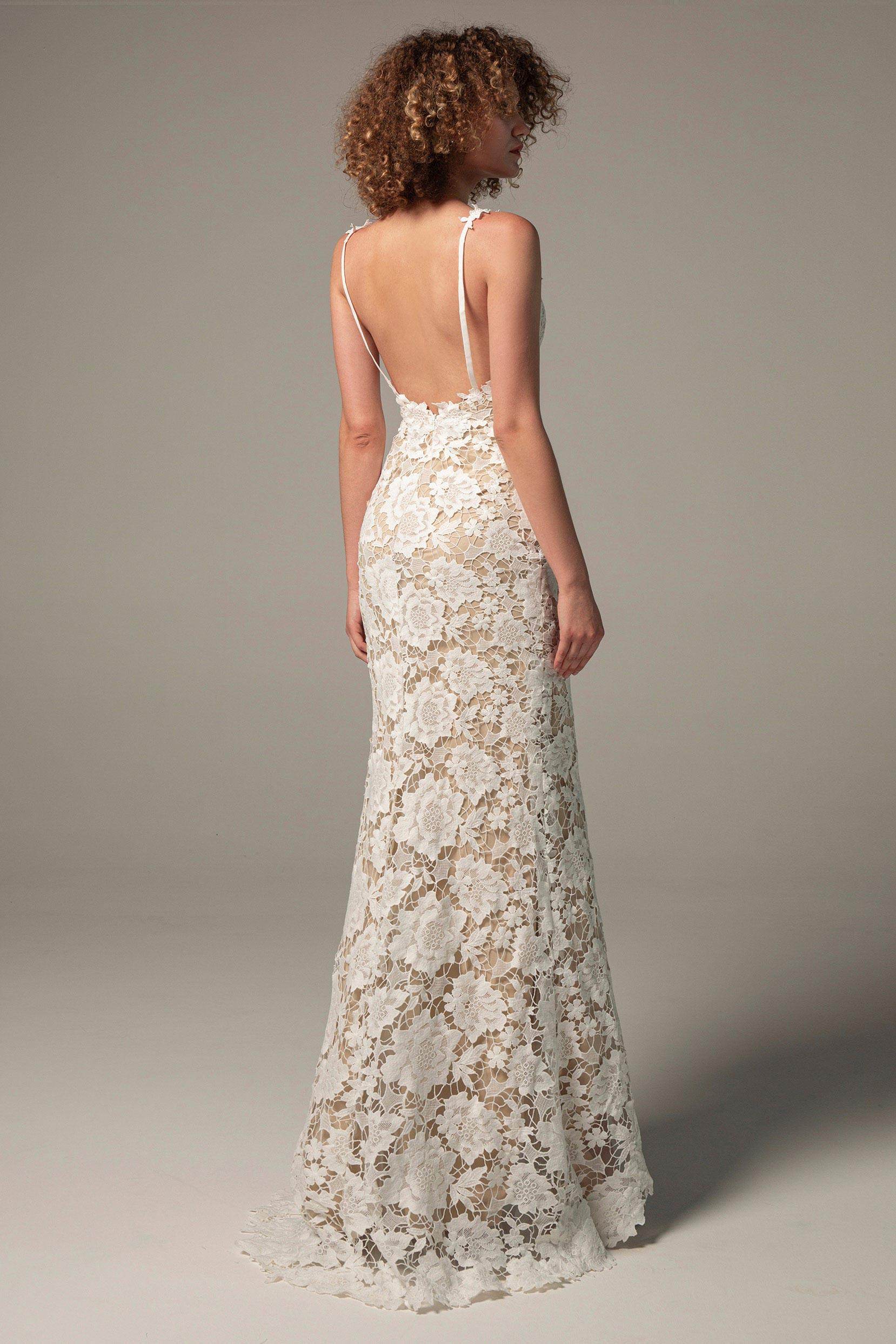 Sheath Sweep-Brush Train Chiffon Lace Wedding Dress CW2226 - COCOMELODY