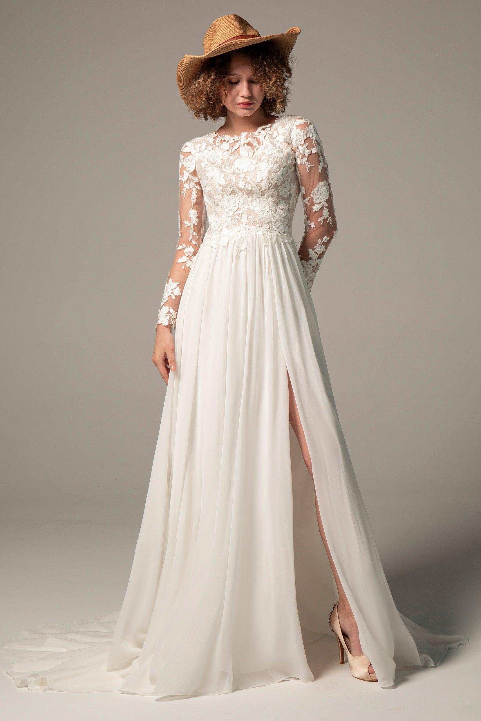 A-Line Court Train Chiffon Lace Wedding Dress CW2352 - COCOMELODY