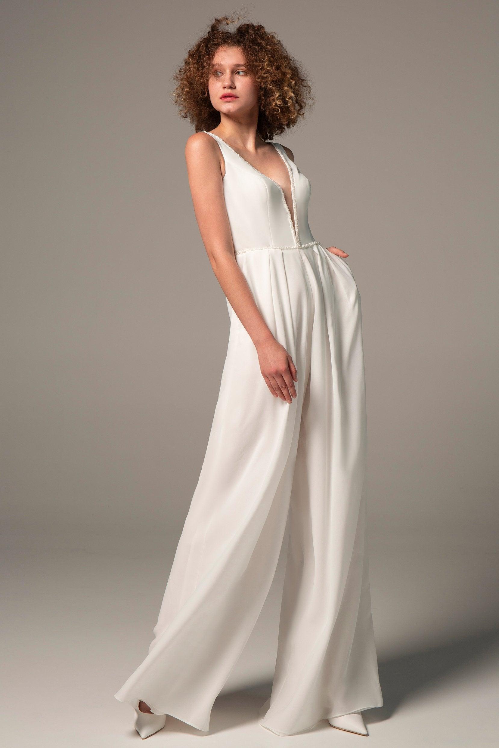 Floor Length Chiffon Wedding Jumpsuit CW2353 - COCOMELODY