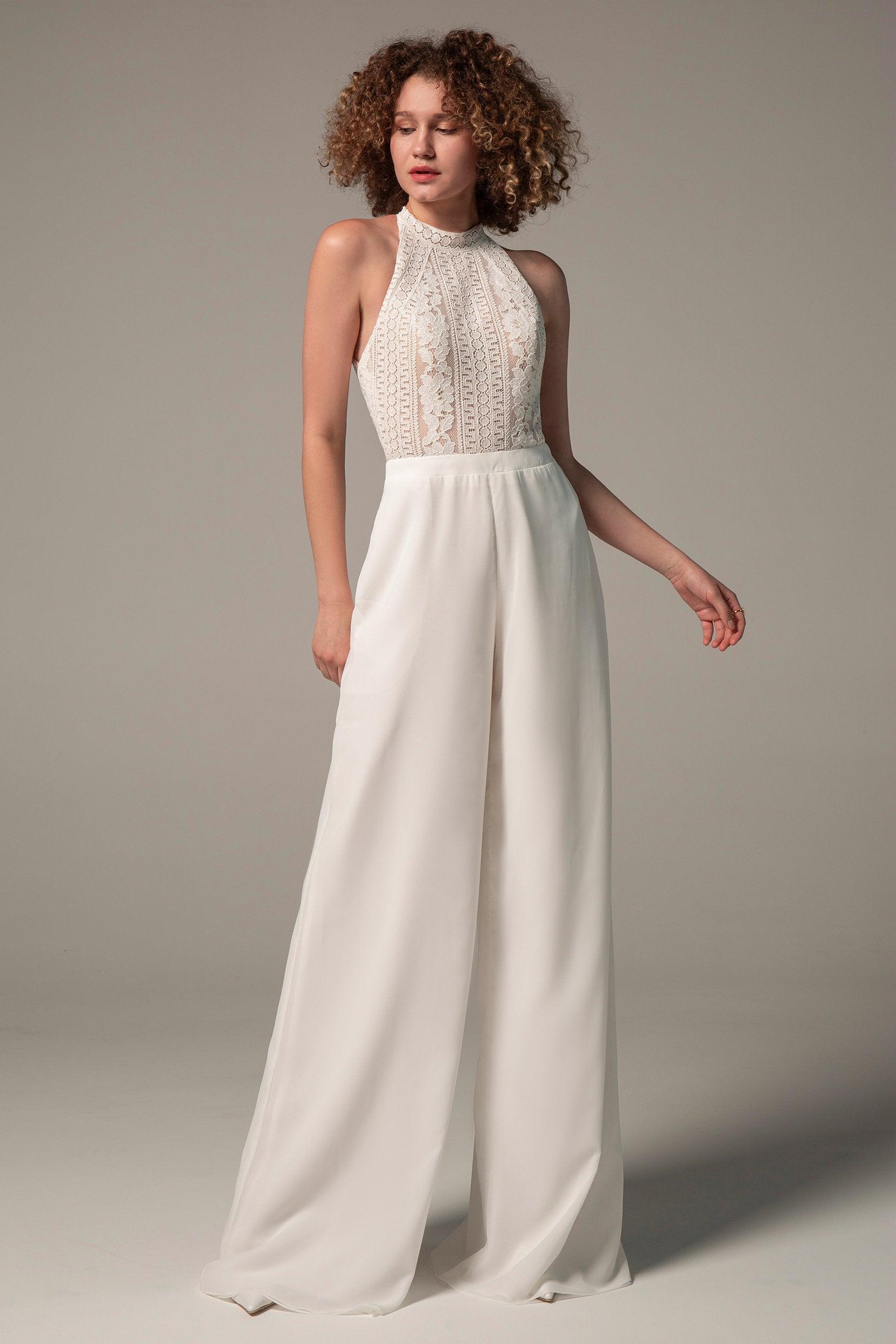 Floor Length Chiffon Lace Wedding Jumpsuit CW2354CR - COCOMELODY
