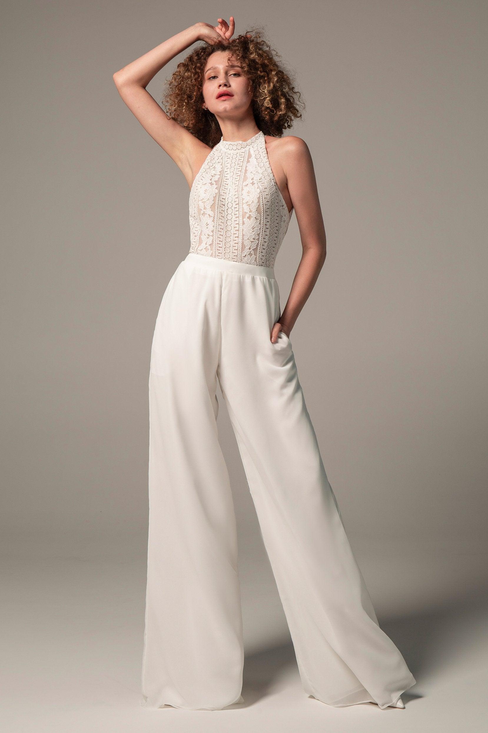 Floor Length Chiffon Lace Wedding Jumpsuit CW2354CR - COCOMELODY