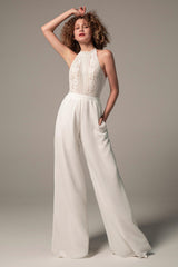 Floor Length Chiffon Lace Wedding Jumpsuit CW2354CR - COCOMELODY