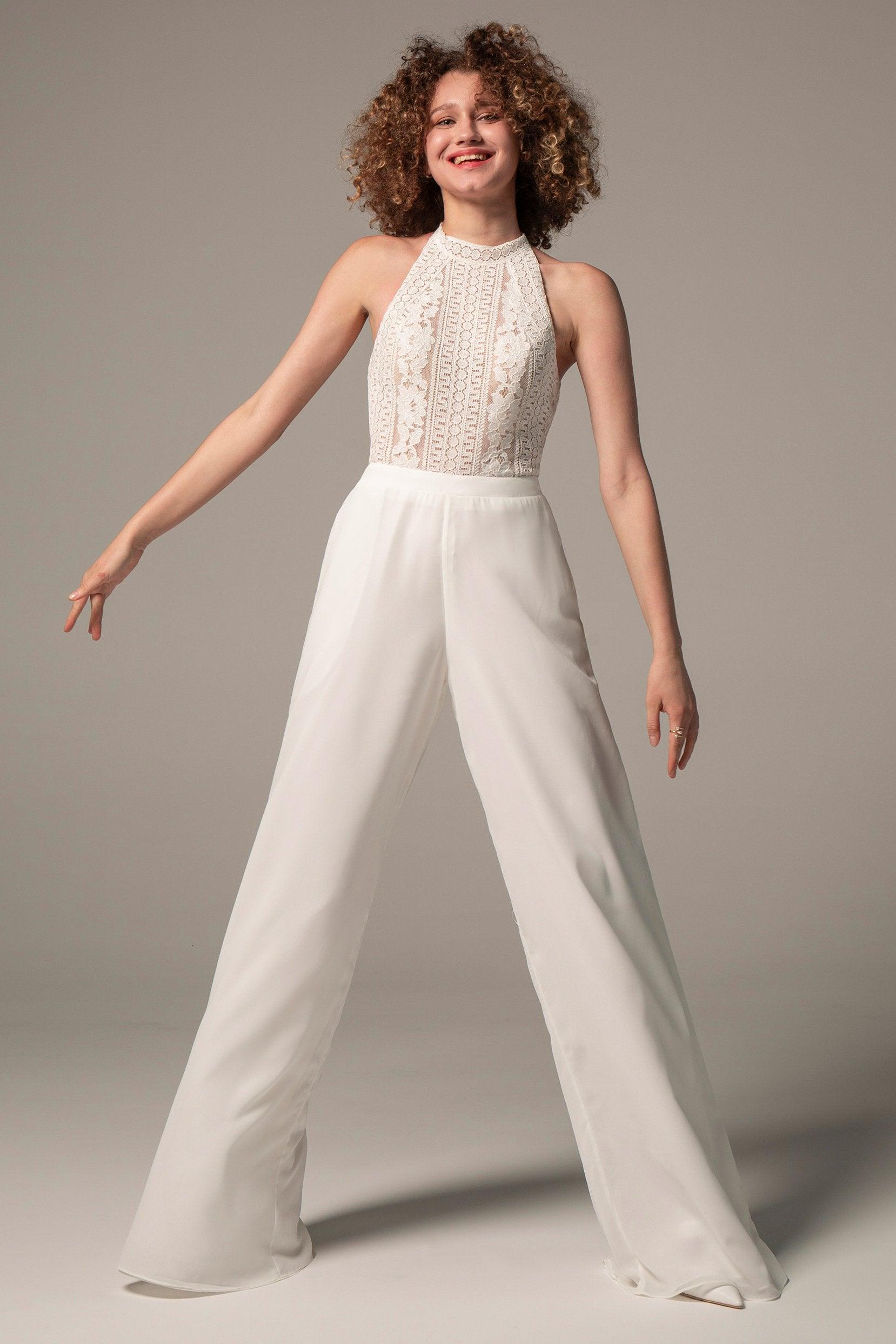 Floor Length Chiffon Lace Wedding Jumpsuit CW2354CR - COCOMELODY