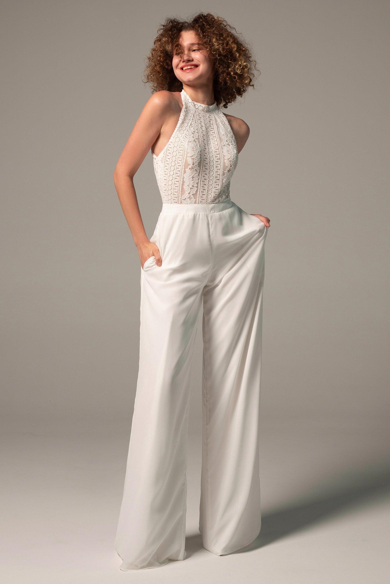 Floor Length Chiffon Lace Wedding Jumpsuit CW2354CR - COCOMELODY