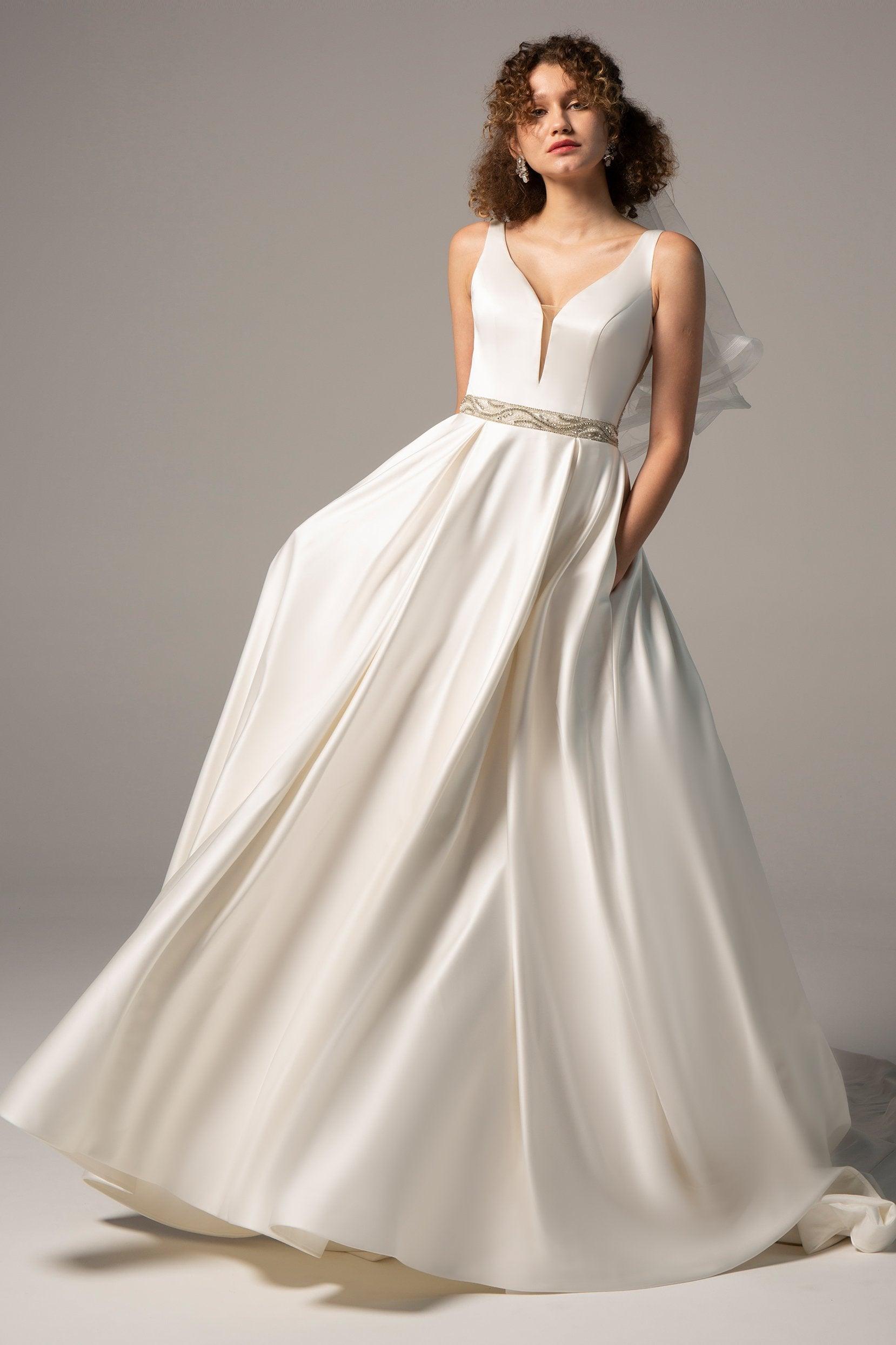 A-Line Chapel Train Satin Wedding Dress CW2364 - COCOMELODY