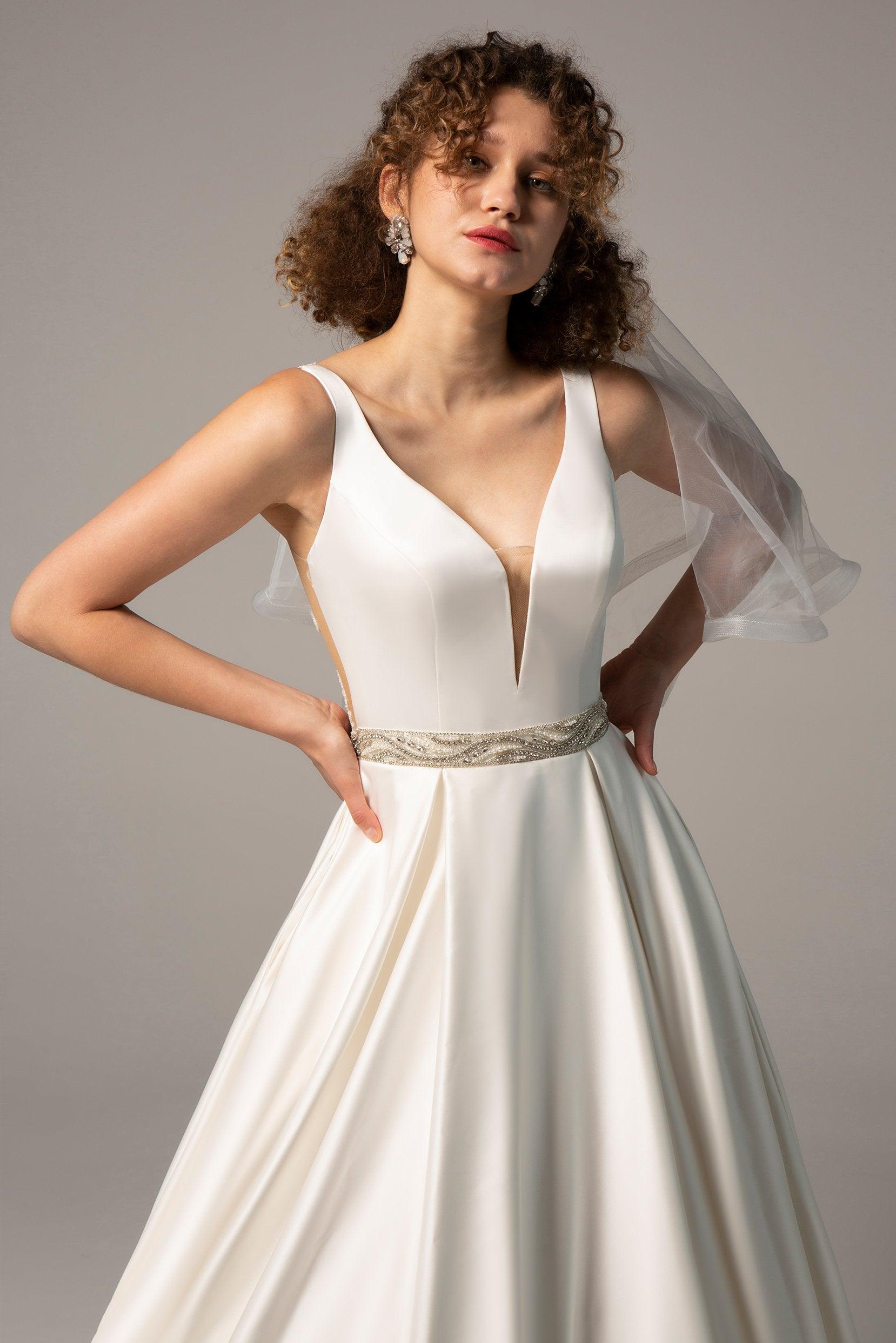 A-Line Chapel Train Satin Wedding Dress CW2364 - COCOMELODY