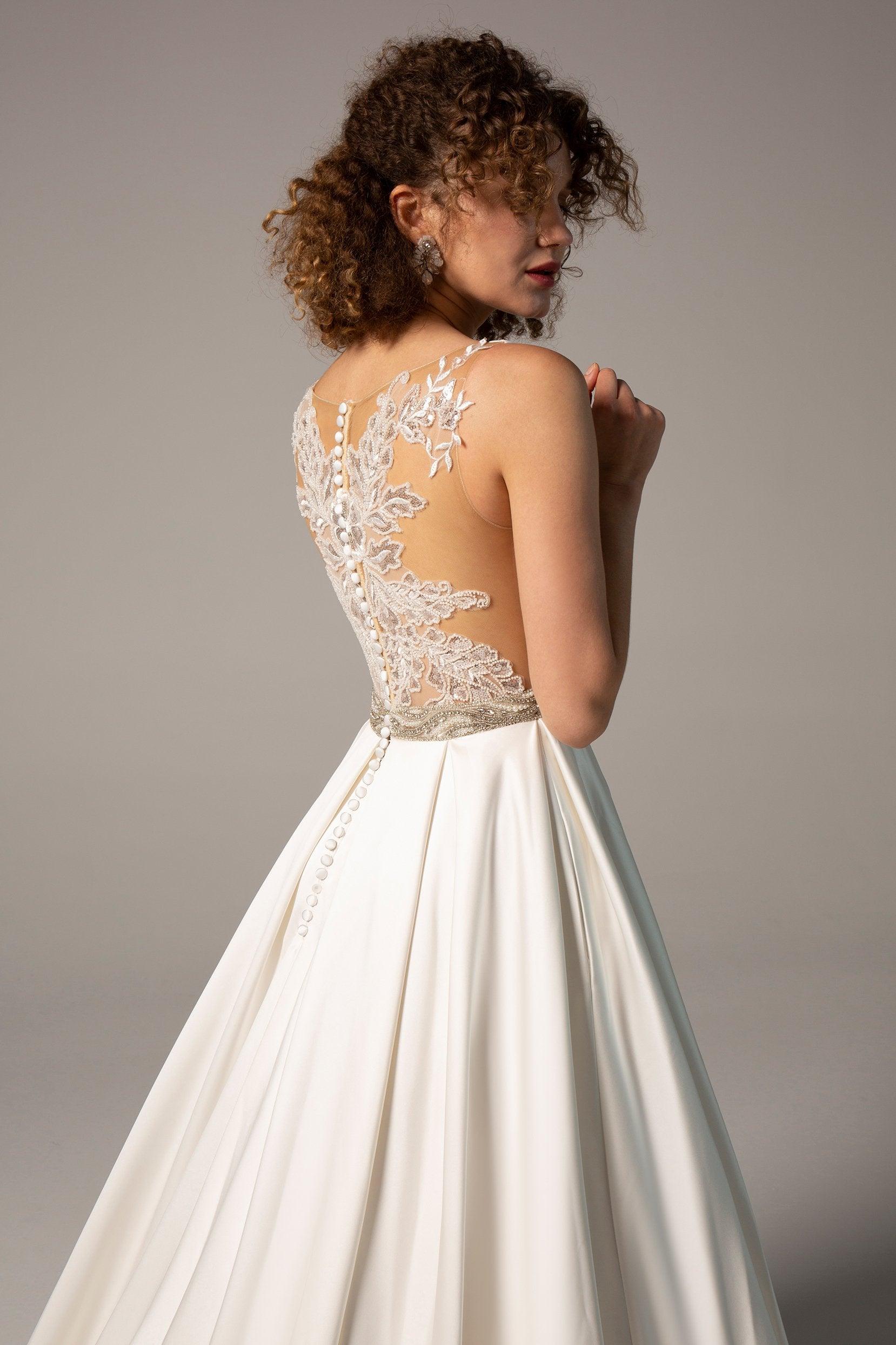 A-Line Chapel Train Satin Wedding Dress CW2364 - COCOMELODY