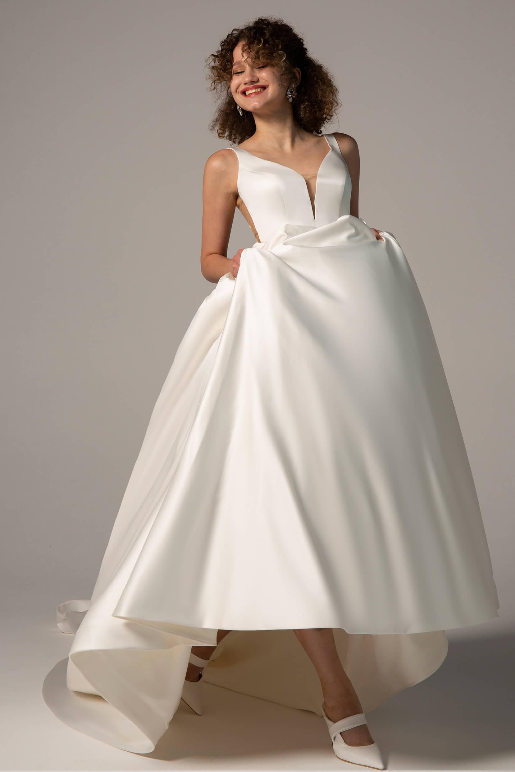 A-Line Chapel Train Satin Wedding Dress CW2364 - COCOMELODY