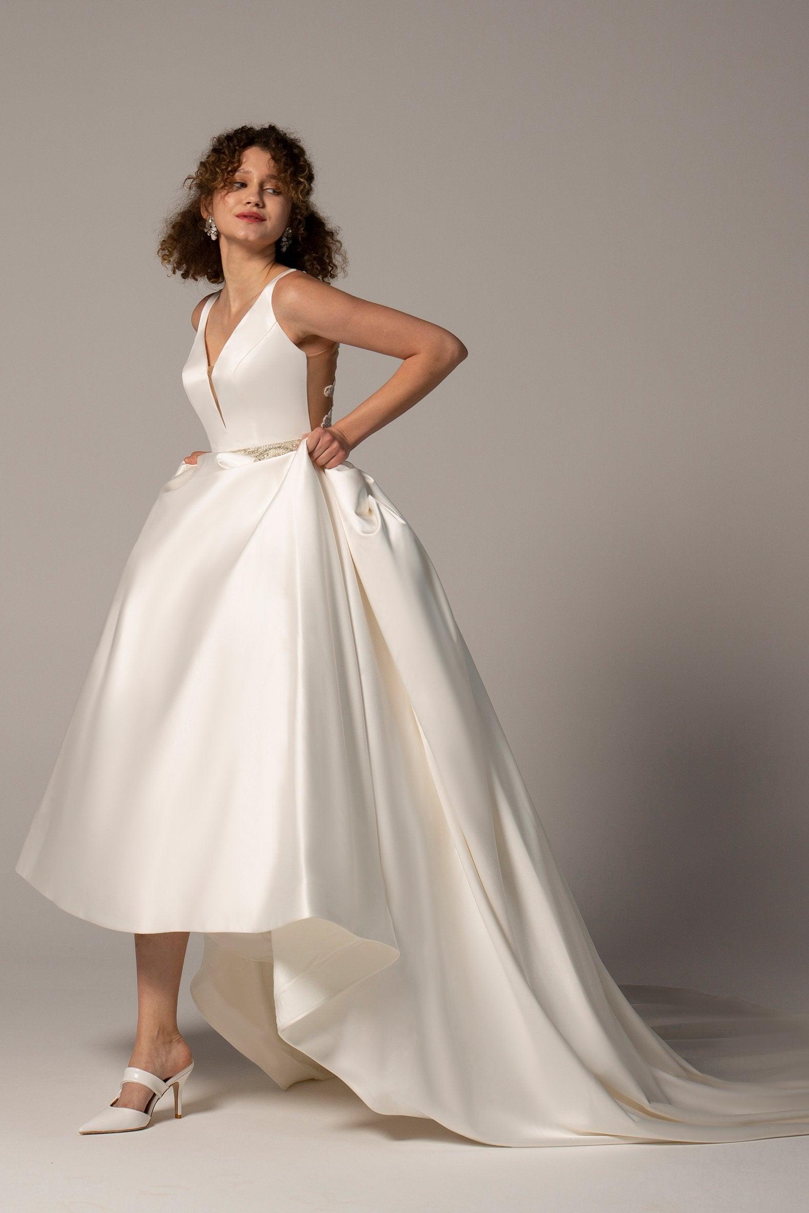 A-Line Chapel Train Satin Wedding Dress CW2364 - COCOMELODY