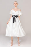 A-Line Tea Length Satin Wedding Dress CW2407 - COCOMELODY