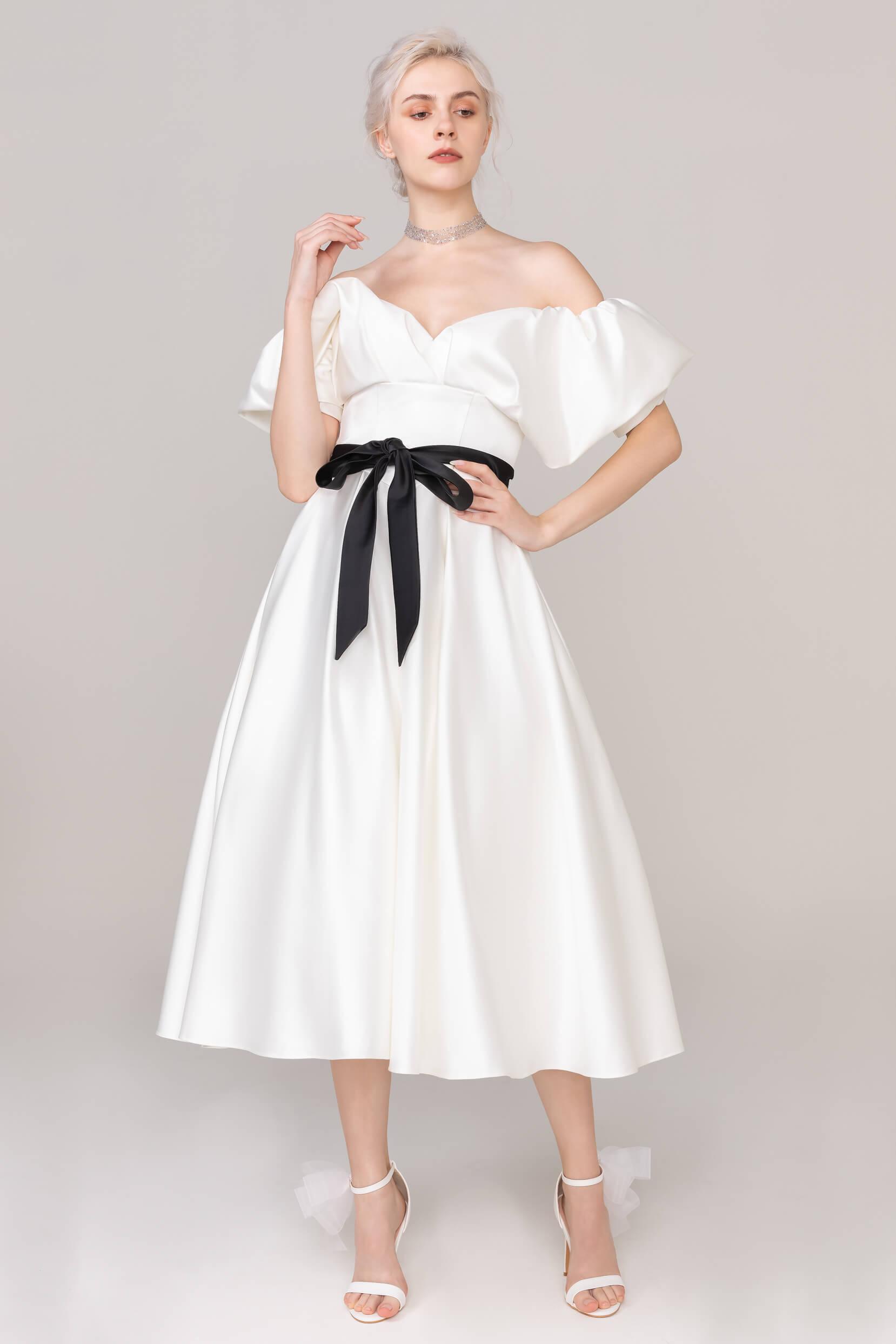 A-Line Tea Length Satin Wedding Dress CW2407 - COCOMELODY