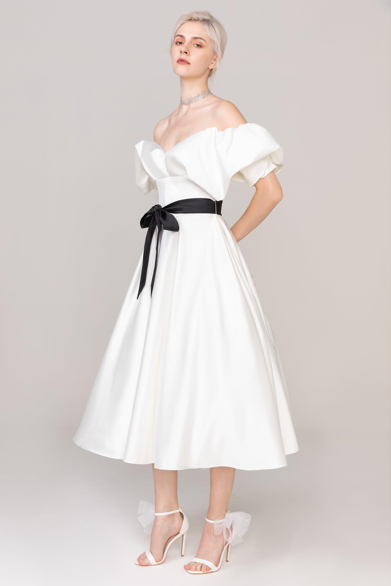 A-Line Tea Length Satin Wedding Dress CW2407 - COCOMELODY