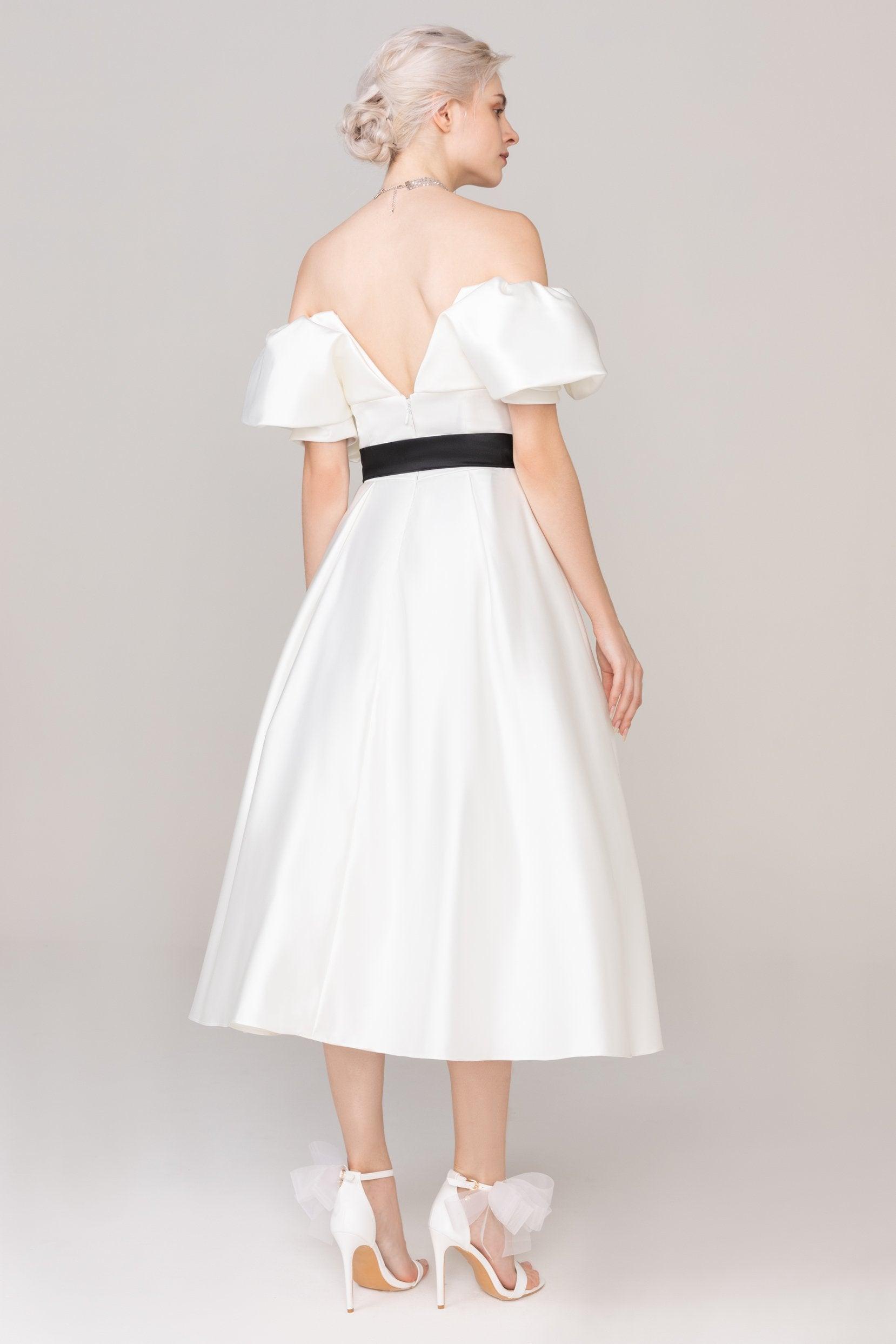 A-Line Tea Length Satin Wedding Dress CW2407 - COCOMELODY