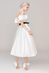 A-Line Tea Length Satin Tulle Wedding Dress CW2459 - COCOMELODY