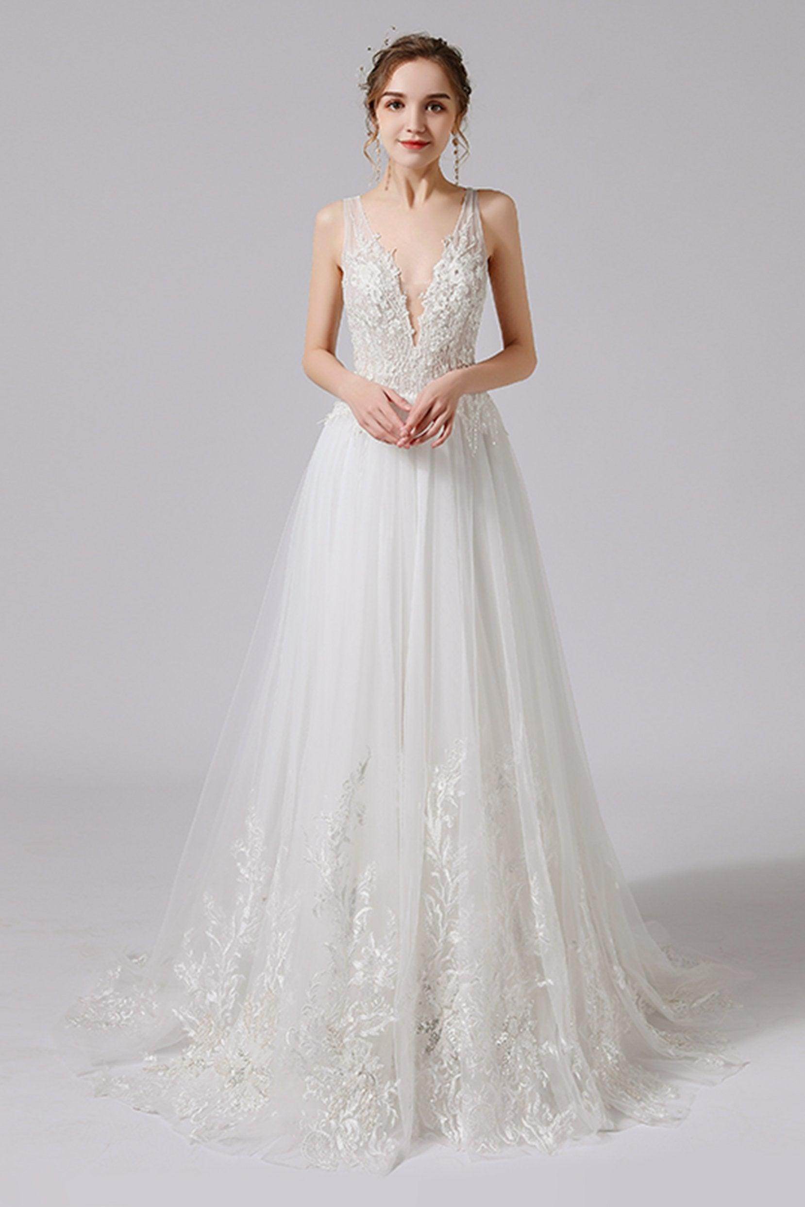 A-Line Sweep-Brush Train Lace Tulle Wedding Dress CW2709CR - COCOMELODY