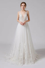 A-Line Sweep-Brush Train Lace Tulle Wedding Dress CW2709CR - COCOMELODY