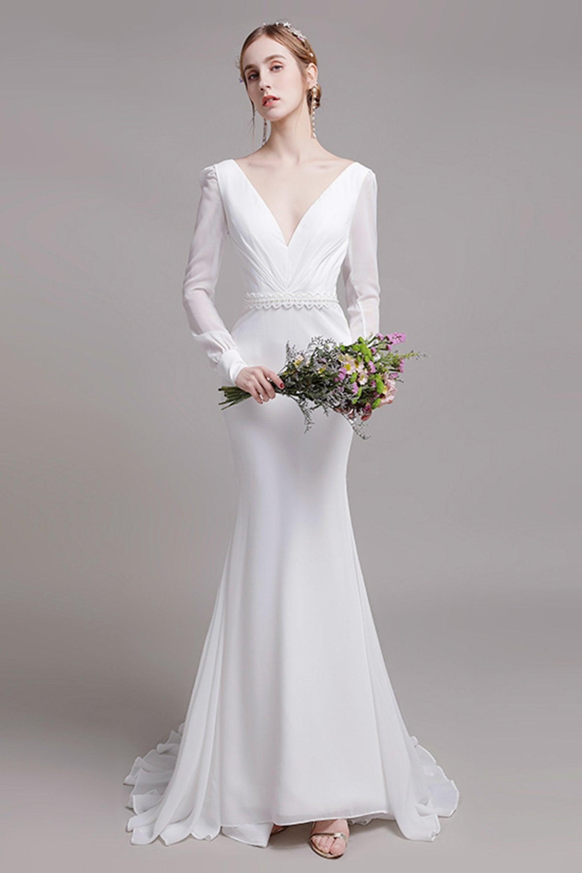 Trumpet Sweep-Brush Train Elastic Cloth Wedding Dress CW2764 - COCOMELODY