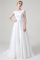 A-Line Sweep-Brush Train Satin Wedding Dress CW2959CR - COCOMELODY