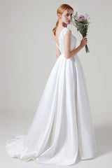 A-Line Sweep-Brush Train Satin Wedding Dress CW2959CR - COCOMELODY