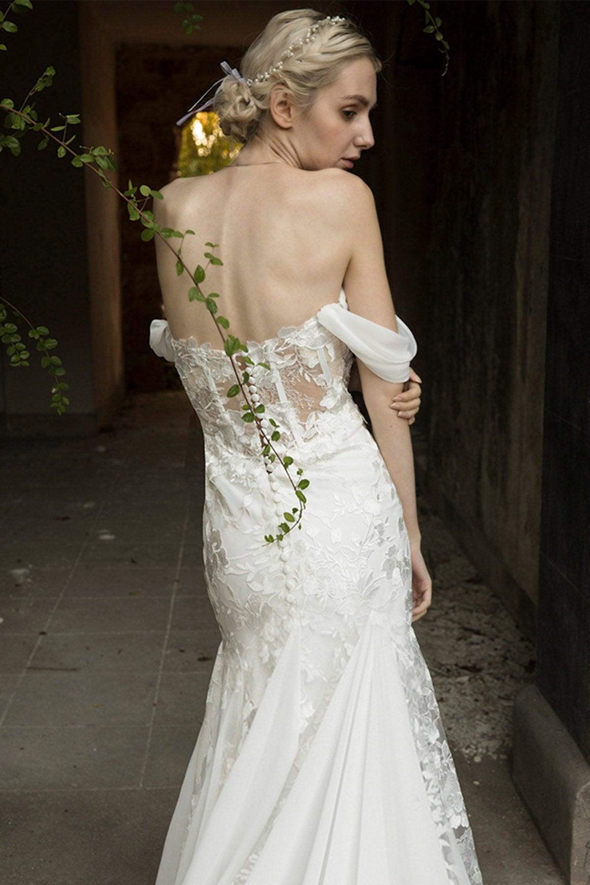 Trumpet Court Train Lace Chiffon Wedding Dress CW3018 - COCOMELODY
