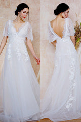 A-Line Sweep-Brush Train Lace Wedding Dress CW3031 - COCOMELODY