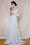 A-Line Sweep-Brush Train Lace Wedding Dress CW3032 - COCOMELODY