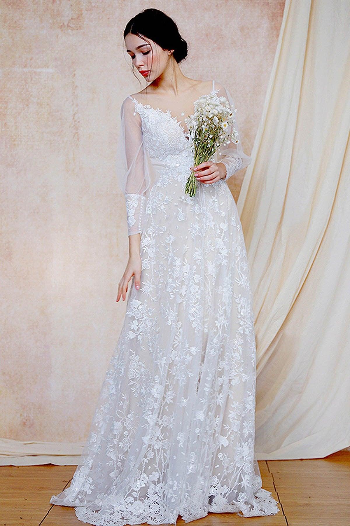 A-Line Sweep-Brush Train Lace Wedding Dress CW3032 - COCOMELODY