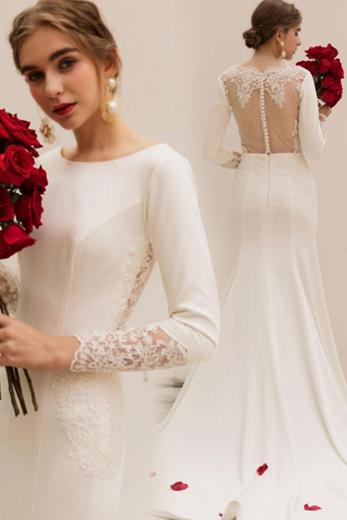 Trumpet Sweep-Brush Train Stretch Satin Wedding Dress CW3036 - COCOMELODY