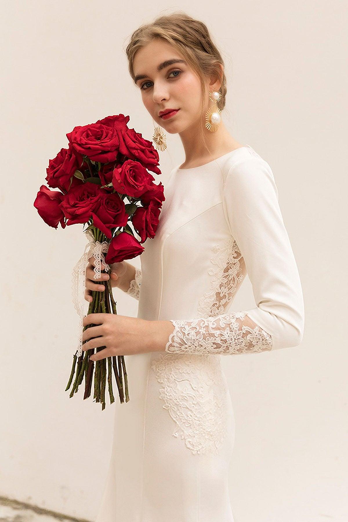 Trumpet Sweep-Brush Train Stretch Satin Wedding Dress CW3036 - COCOMELODY