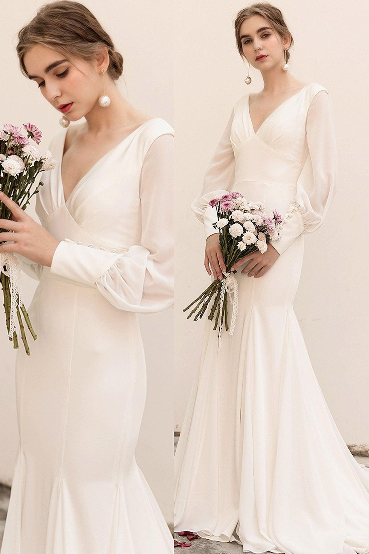 Sweep-Brush Train Satin Chiffon Wedding Dress CW3038 - COCOMELODY
