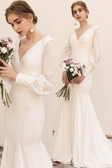 Sweep-Brush Train Satin Chiffon Wedding Dress CW3038 - COCOMELODY