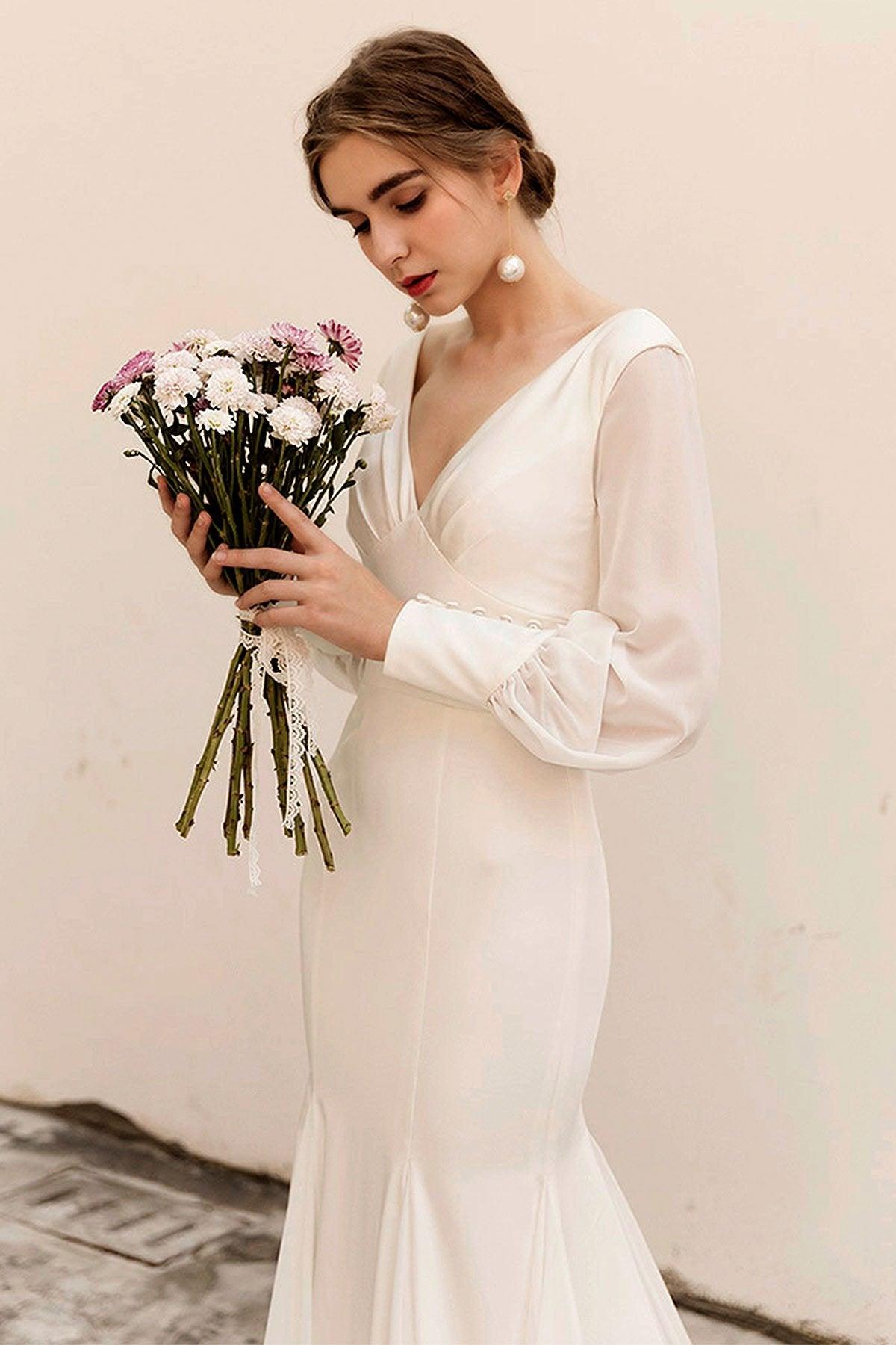 Sweep-Brush Train Satin Chiffon Wedding Dress CW3038 - COCOMELODY