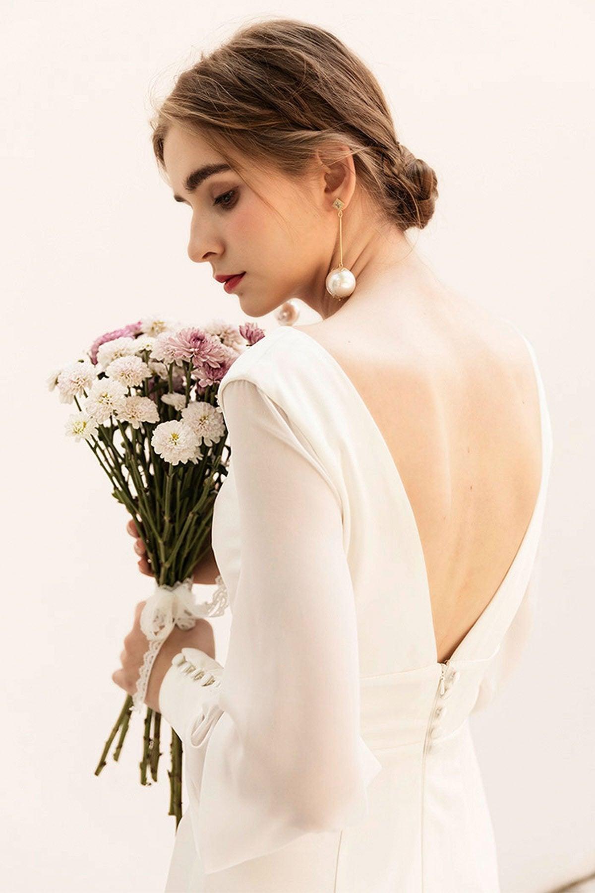 Sweep-Brush Train Satin Chiffon Wedding Dress CW3038 - COCOMELODY