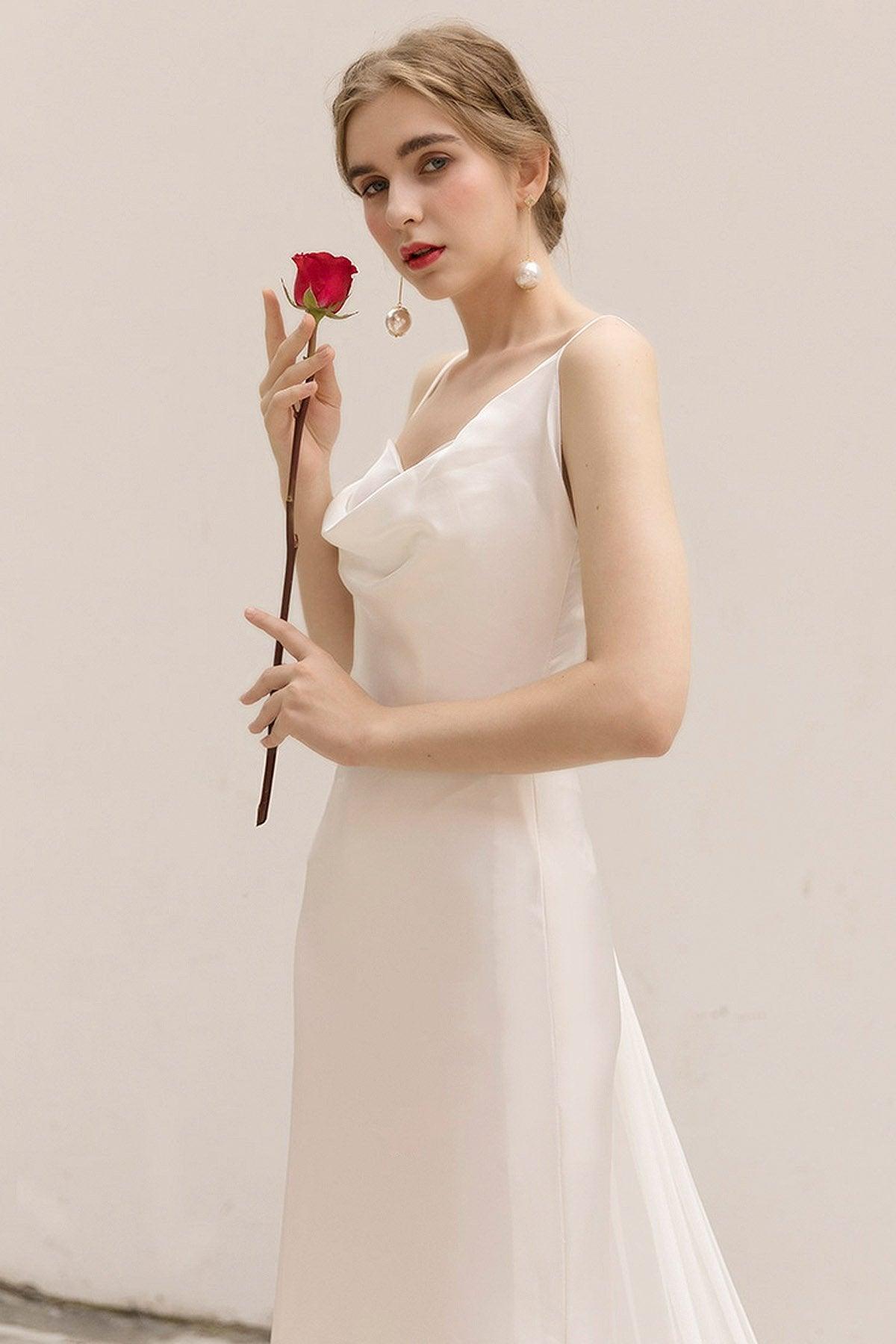 Sheath-Column Sweep-Brush Train Satin Wedding Dress CW3039 - COCOMELODY