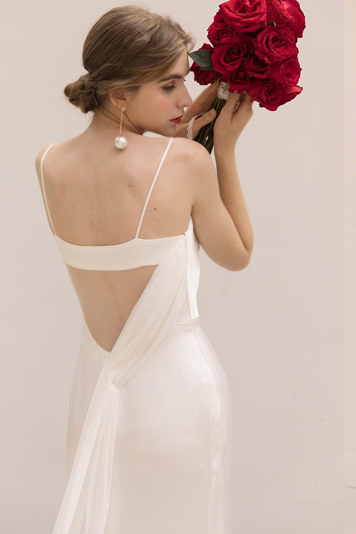 Sheath-Column Sweep-Brush Train Satin Wedding Dress CW3039 - COCOMELODY