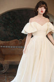 A-Line Sweep-Brush Train Satin Wedding Dress CW3040 - COCOMELODY