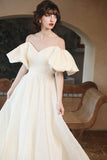 A-Line Sweep-Brush Train Satin Wedding Dress CW3040 - COCOMELODY