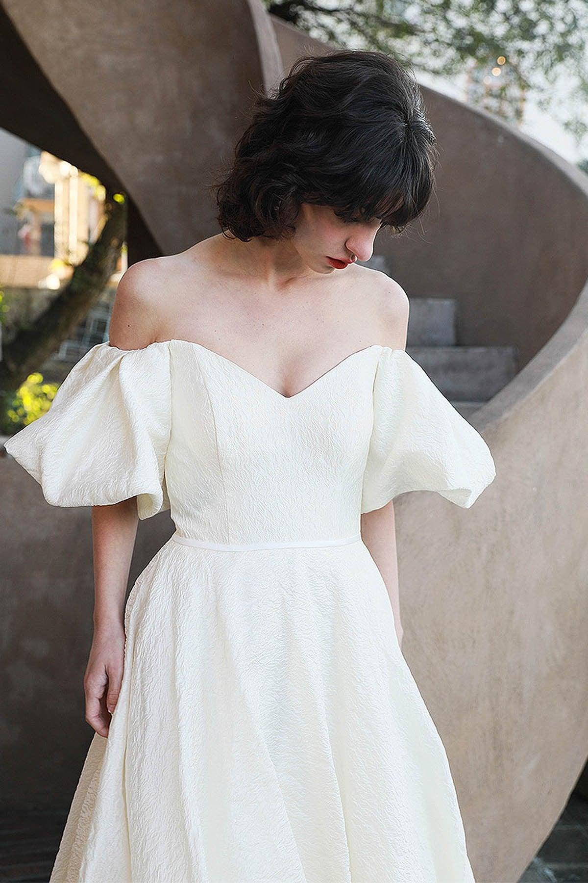 A-Line Sweep-Brush Train Satin Wedding Dress CW3040 - COCOMELODY