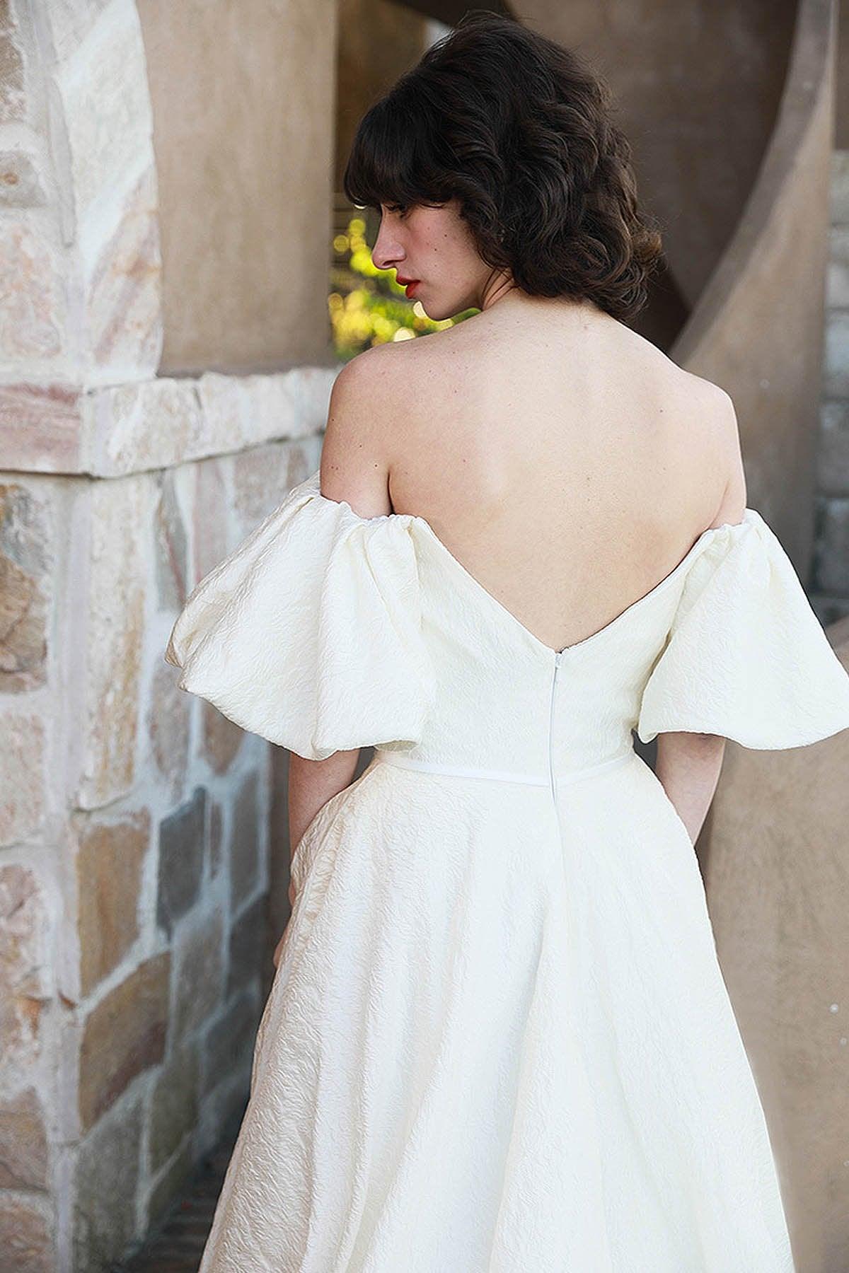 A-Line Sweep-Brush Train Satin Wedding Dress CW3040 - COCOMELODY