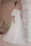 A-Line Sweep-Brush Train Lace Tulle Wedding Dress CW3065 - COCOMELODY