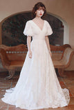 A-Line Sweep-Brush Train Printed Gauze Wedding Dress CW3069 - COCOMELODY
